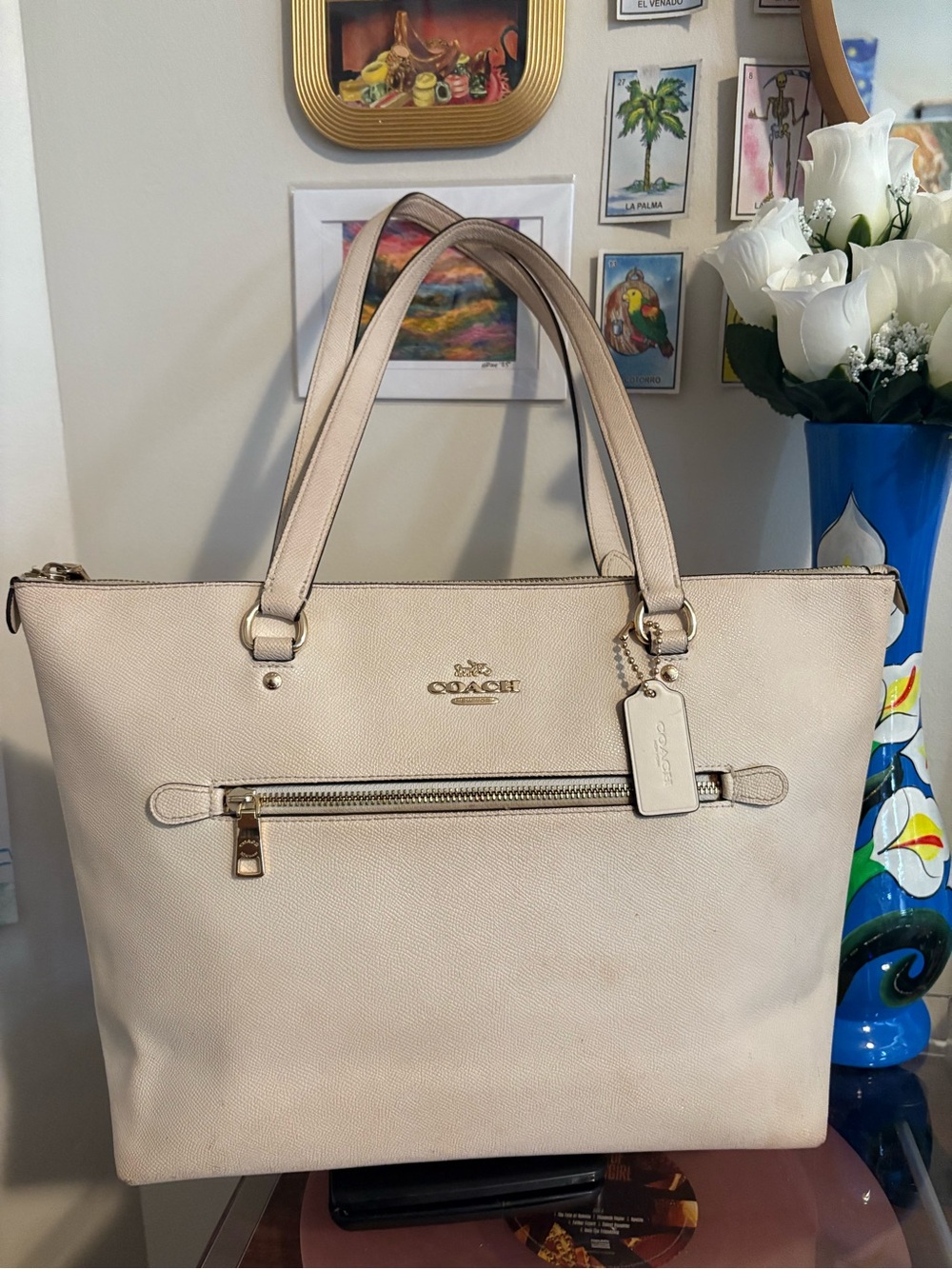 Coach Cream Leather Tote with Gold-Tone Accents